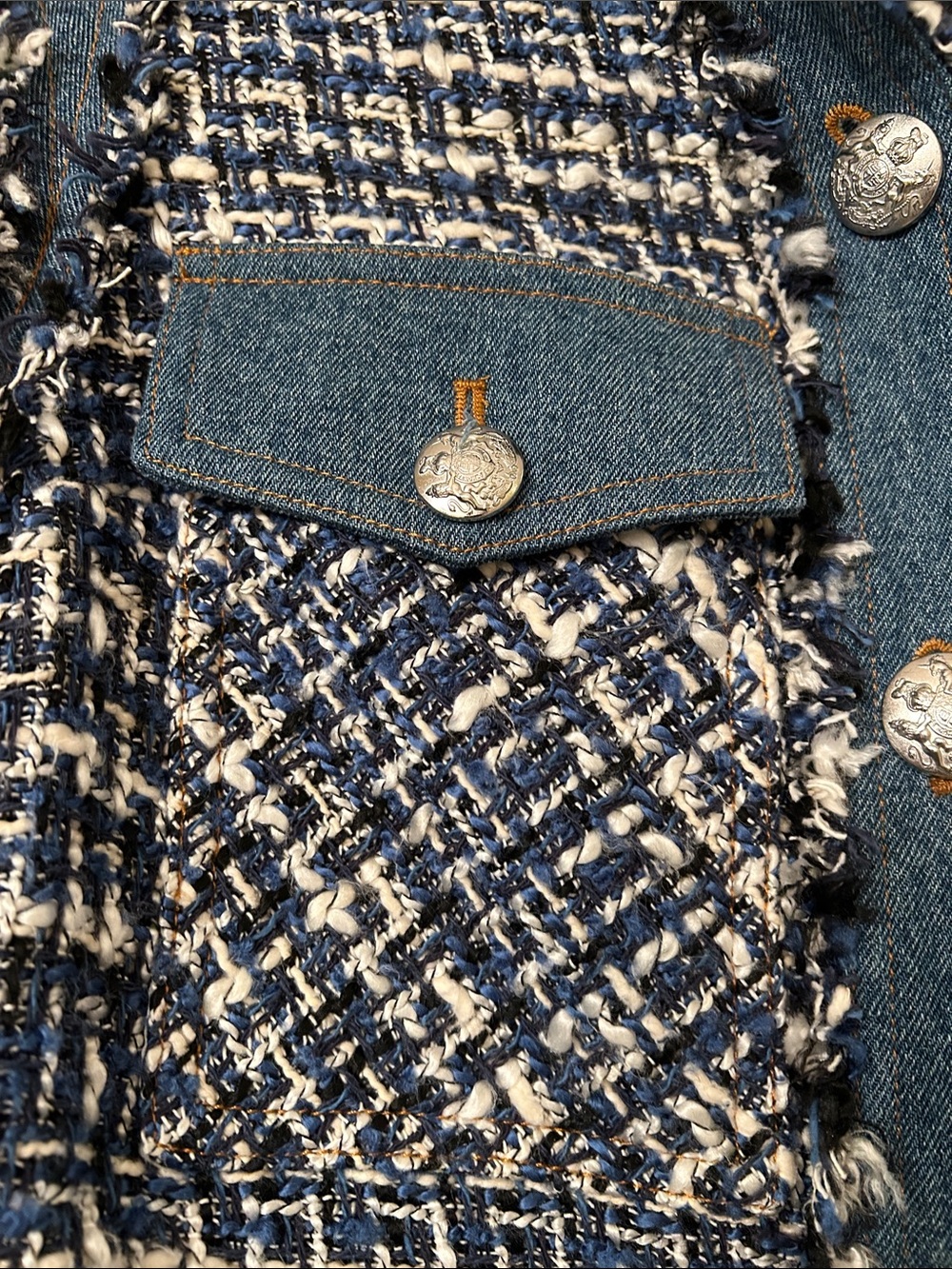 Veronica Beard Blue Tweed and Denim Fringed Jacket EUC Sz 12 - Picture 6 of 9